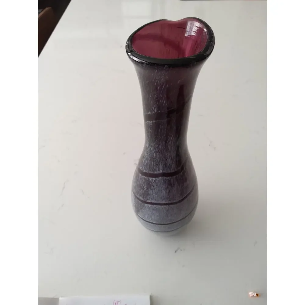 Amethyst purple blown glass vase( Blenko?) WhitevSwirl pattern/brushed